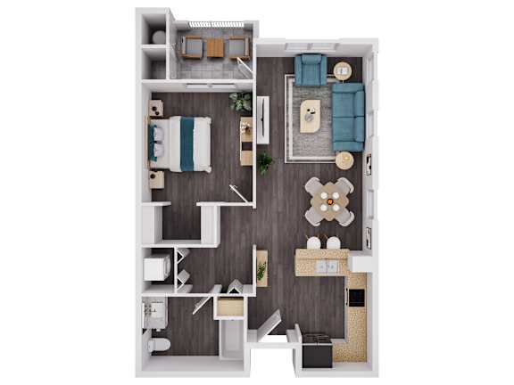 Floor Plan  A top-down view of a small apartment with a bedroom, living room, and kitchen.