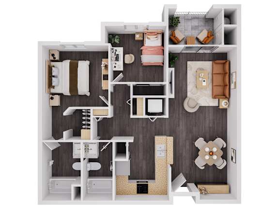 Floor Plan  A top-down view of a small apartment with a kitchen, living room, and bedroom.