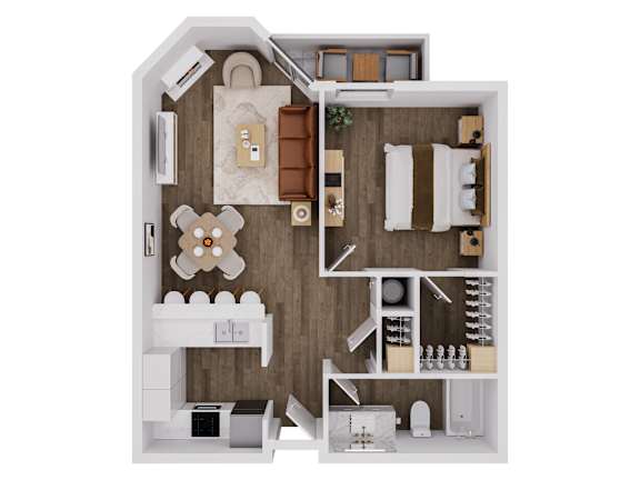 A top-down view of a small apartment with a kitchen, living room, and bedroom.