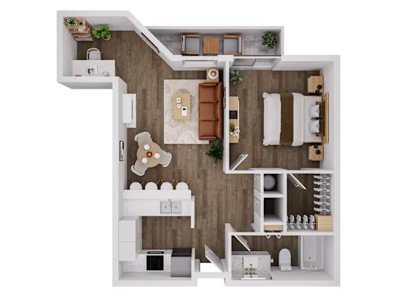 A top-down view of a small apartment with a kitchen, living room, and bedroom.