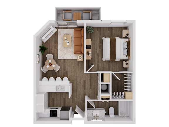 A top-down view of a small apartment with a kitchen, living room, and bedroom.