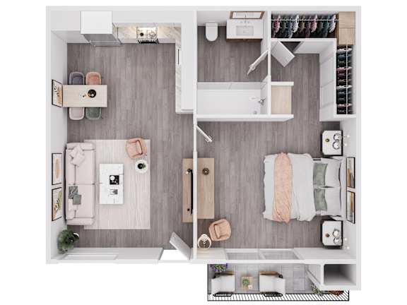 A top-down view of a small, neatly organized apartment with a kitchen, living room, and bathroom.