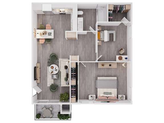 A top down view of a small apartment with a kitchen, living room, and bedroom.