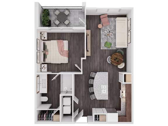 Floor Plan  A top-down view of a small apartment with a kitchen, living room, and bathroom.