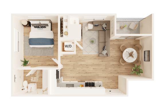 a 1 bedroom apartment is shown with a bed and a desk