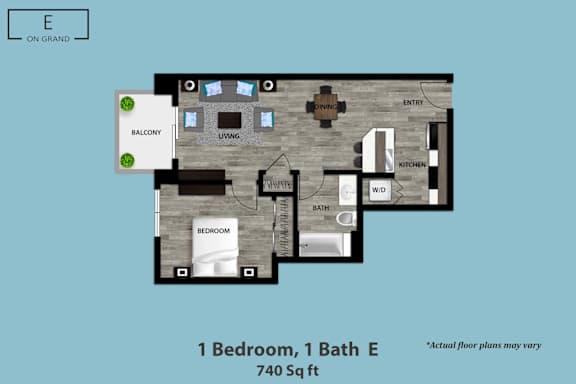 Floor Plan  A drawing of a floor plan for a one bedroom, one bathroom apartment.