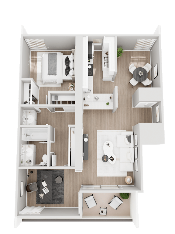 Floor Plan  A top-down view of a small apartment layout with a kitchen, living room, and bathroom.