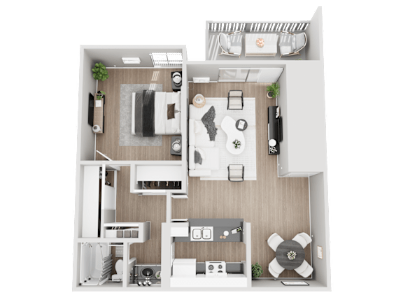 Floor Plan  A top-down view of a small apartment with a kitchen, living room, and bathroom.