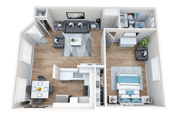 Floor Plan  A 3D floor plan of a modern apartment with a living room, kitchen, dining area, and bedrooms.