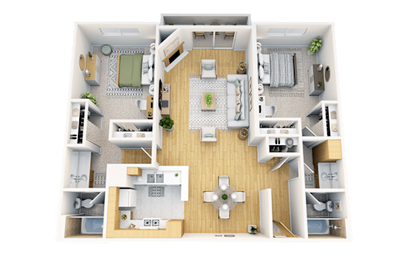 Floor Plan  A 3D floor plan of a house with a central open space and rooms surrounding it.