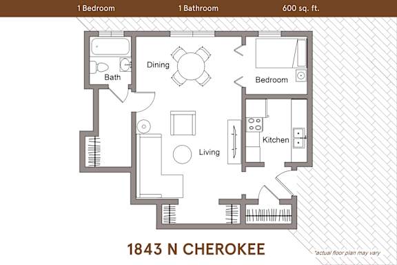 Floor Plan  A floor plan of a 600 sq ft home with one bedroom and one bathroom.