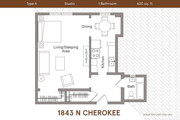 Floor Plan  A floor plan of a Type A studio apartment at 1843 N Cherokee.