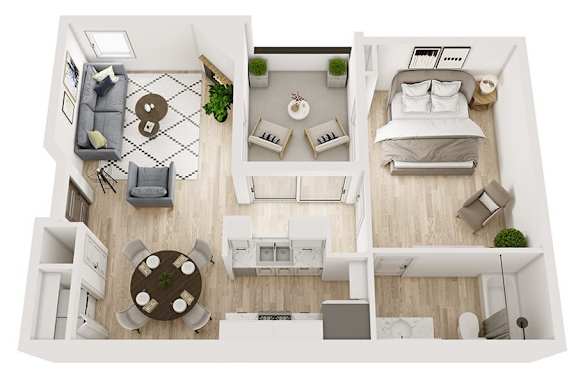 Floor Plan  A top-down view of a modern apartment layout with a living room, kitchen, dining area, and bedroom.