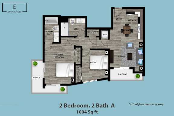 Floor Plan  A floor plan of a 2 bedroom, 2 bath apartment.