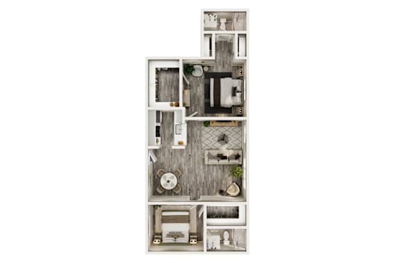 Floor Plan  A floor plan of a house with a kitchen, living room, and two bedrooms.
