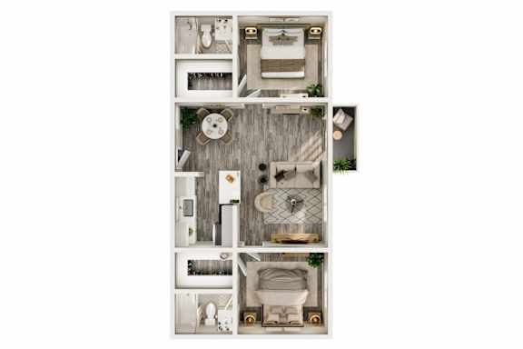Floor Plan  A dollhouse with a white and brown color scheme.