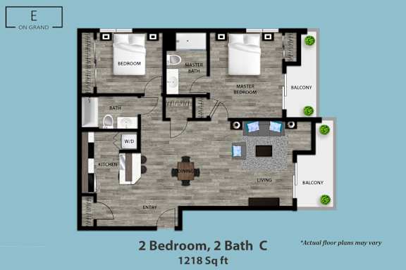 Floor Plan  A floor plan of a house with two bedrooms and two bathrooms.