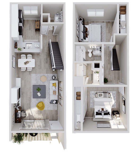 Floor Plan  A top-down view of a small apartment with a kitchen, living room, and bedroom.
