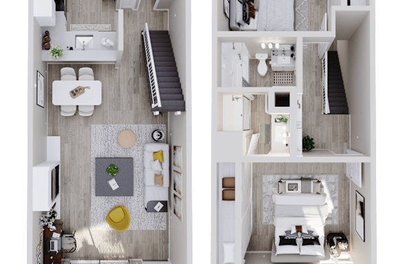 Floor Plan  A top down view of a modern apartment with a living room, kitchen, and bedroom.