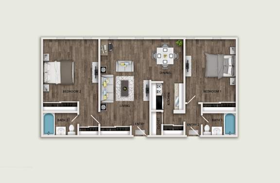 Floor Plan  A floor plan of a house with two bedrooms, a living room, a dining room, a kitchen, a bathroom, and two entries.
