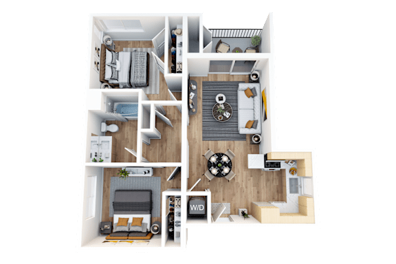 Floor Plan  A detailed 3D floor plan of a small apartment layout.