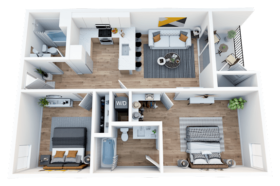 Floor Plan  a 3d rendering of the living room and bedroom of a 2100 sq ft apartment
