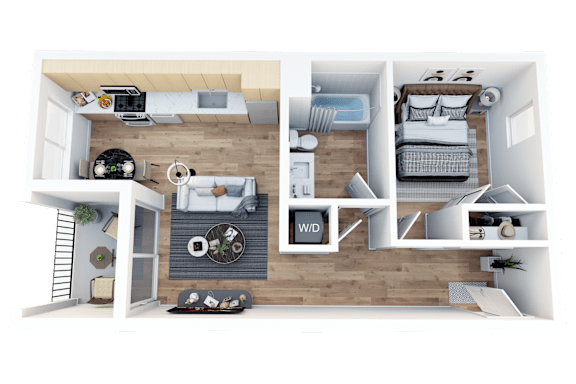 Floor Plan  a 3d rendering of the 1 bedroom floor plan with a bathroom and a balcony