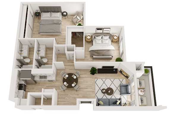 Floor Plan  A 3D floor plan of a house with two bedrooms, a living room, a kitchen, and a dining area.