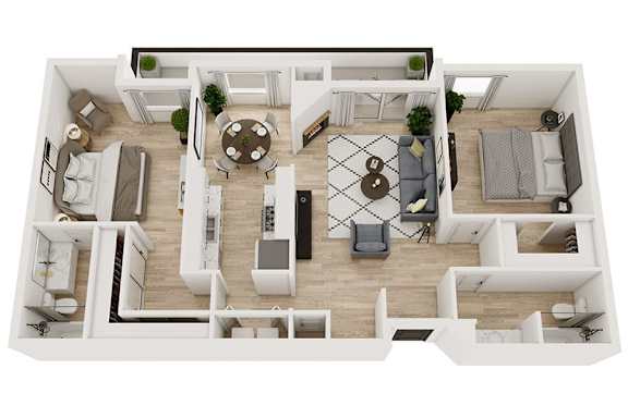 Floor Plan  A top-down view of a modern apartment layout with a living room, kitchen, and dining area.