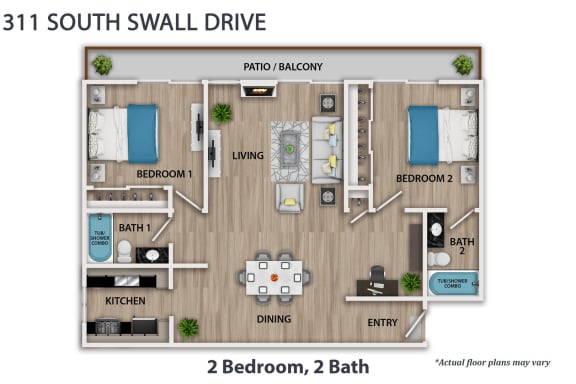 a 2 bedroom 2 bath floor plan