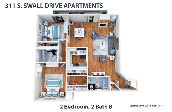 3d floor plan of a house with bedrooms and baths