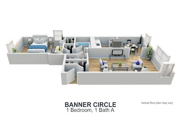Floor Plan  A 3D rendered image of a Banner Circle apartment with one bedroom and one bathroom.