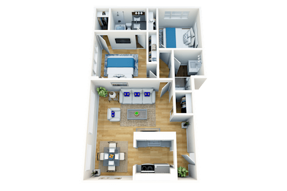 A 3D floor plan of a house with a kitchen, living room, dining area, and bedrooms.