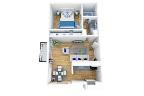 A 3D floor plan of a small apartment with a kitchen, living room, and bedroom.