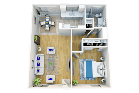 Floor Plan  A top-down view of a small apartment with a kitchen, living room, and bedroom.