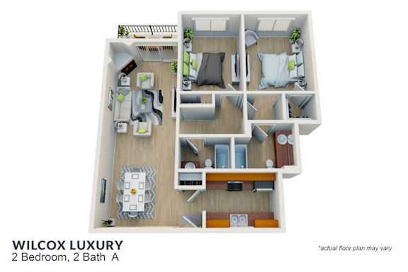 Floor Plan  A 3D rendered image of a floor plan for the Wilcox Luxury apartment.
