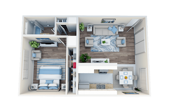 Floor Plan  A 3D floor plan of a small apartment with a bedroom, living room, and kitchen.