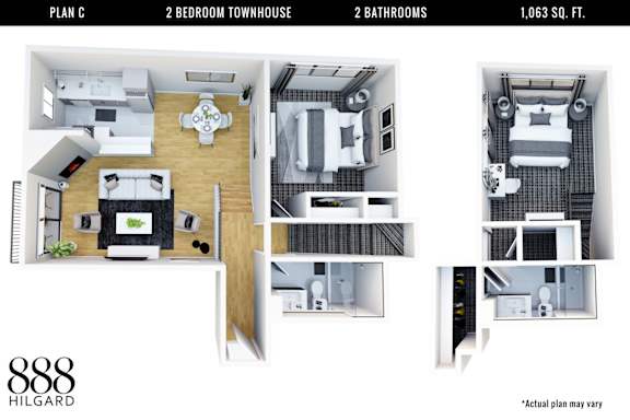 A floor plan for a 2 bedroom townhouse with 2 bathrooms and a total area of 1,063 square feet.