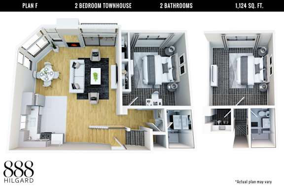 A floor plan for a 2 bedroom townhouse with 2 bathrooms and a total area of 1,124 square feet.