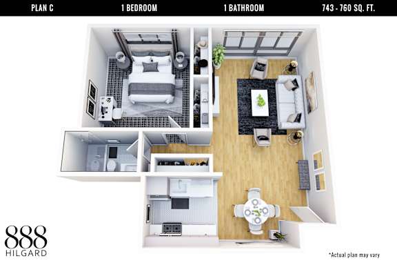A floor plan of a one bedroom, one bathroom apartment.