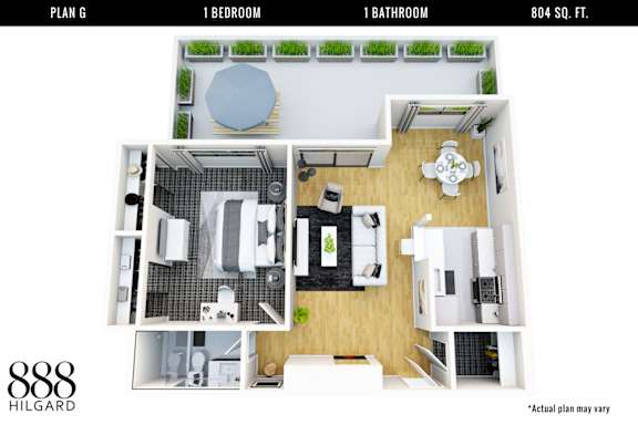 A floor plan of a 804 square foot apartment with one bedroom and one bathroom.