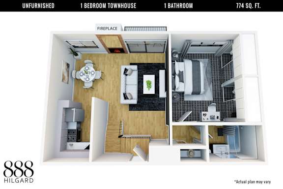 A floor plan of a small unfurnished apartment with one bedroom and one bathroom.