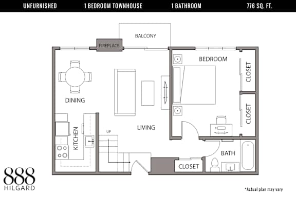 A floor plan of an unfurnished 1 bedroom townhouse with a living room, dining room, kitchen, bathroom, and balcony.