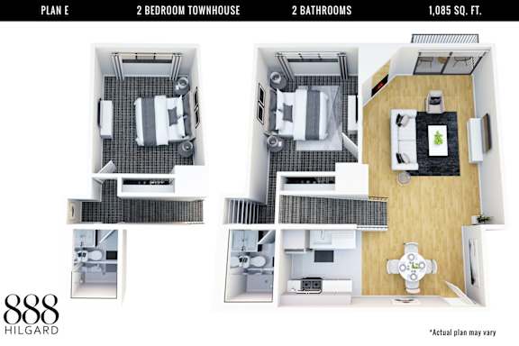 A floor plan for a 2 bedroom townhouse with 2 bathrooms and a total area of 1,085 square feet.