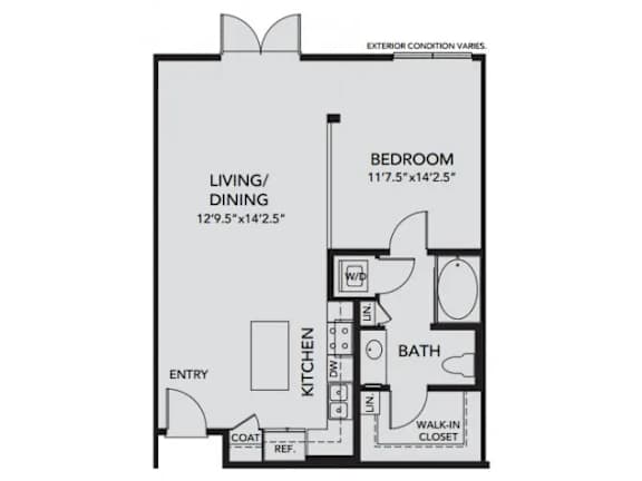 Floor Plan  A floor plan of a small apartment with a living/dining area, kitchen, bathroom, and bedroom.