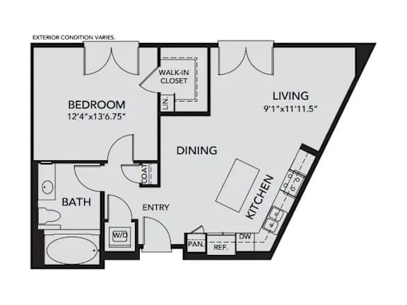 Floor Plan  A floor plan of a living space with a bedroom, bathroom, and kitchen.