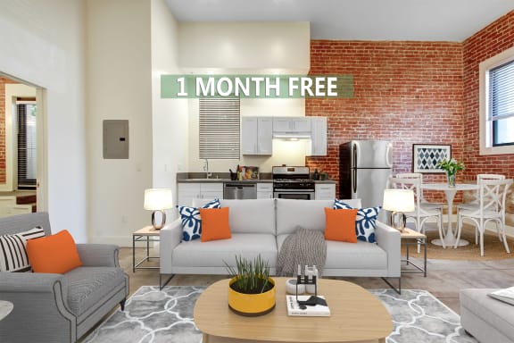 a living room with a couch and a table
