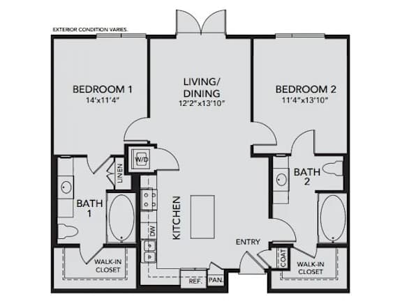 Floor Plan  A black and white floor plan of a two bedroom apartment.
