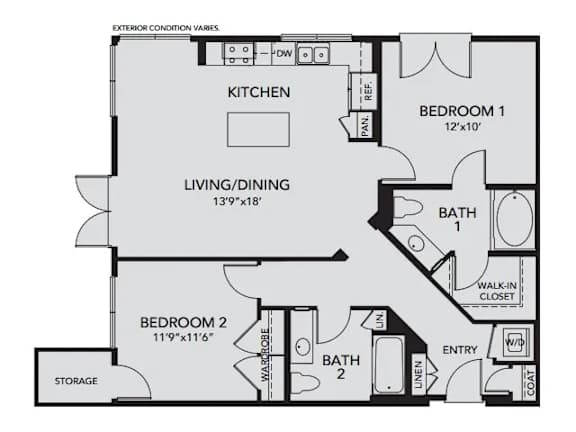 Floor Plan  A floor plan of a small apartment with two bedrooms, a living area, and a kitchen.