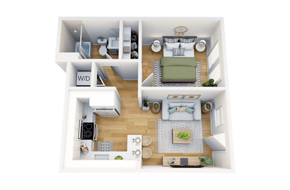 Floor Plan  A 3D floor plan of a small apartment with a living room, kitchen, and bedroom.
